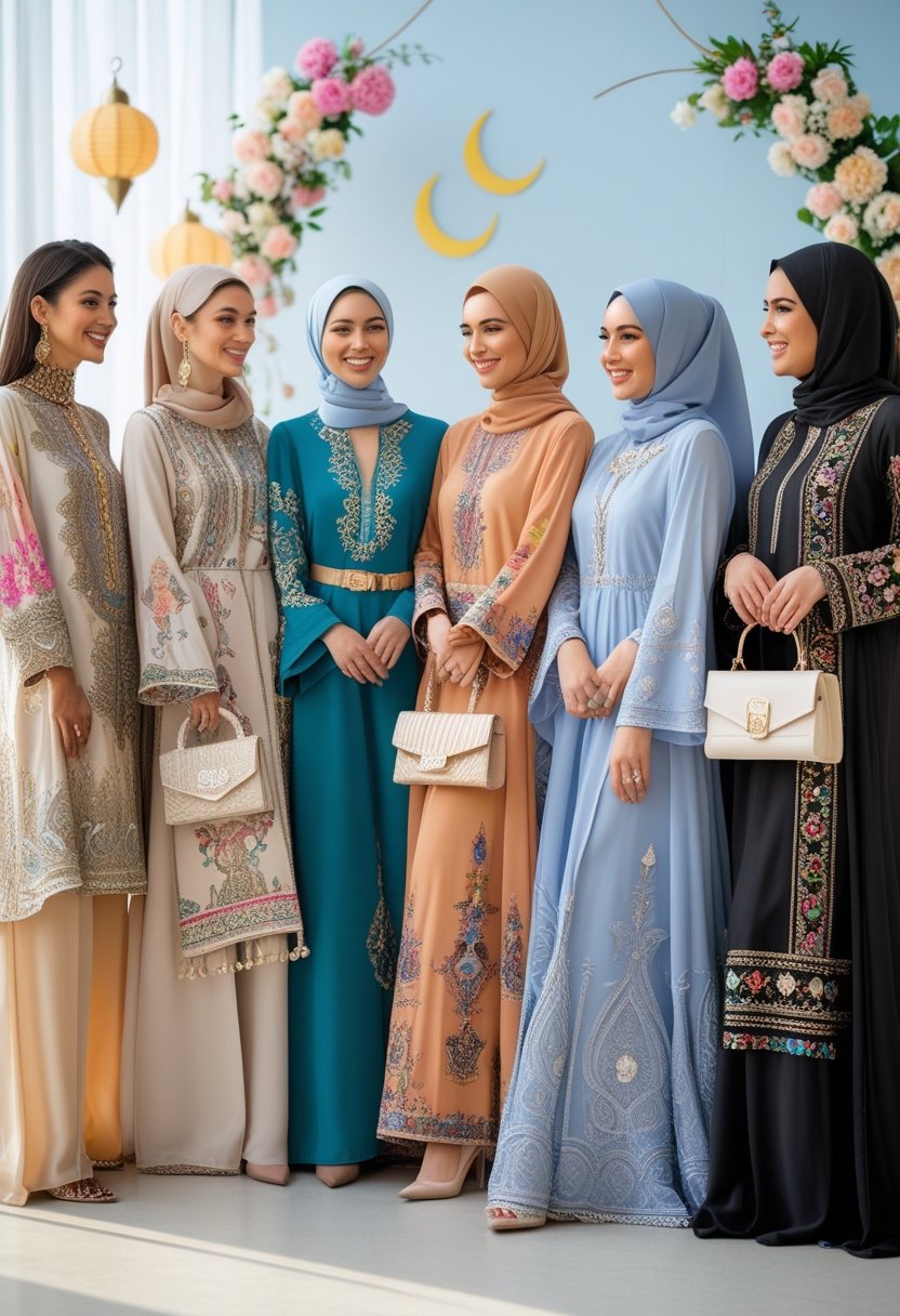 A group of women wearing different elegant Eid outfits, standing together and smiling in a bright, festive setting.
