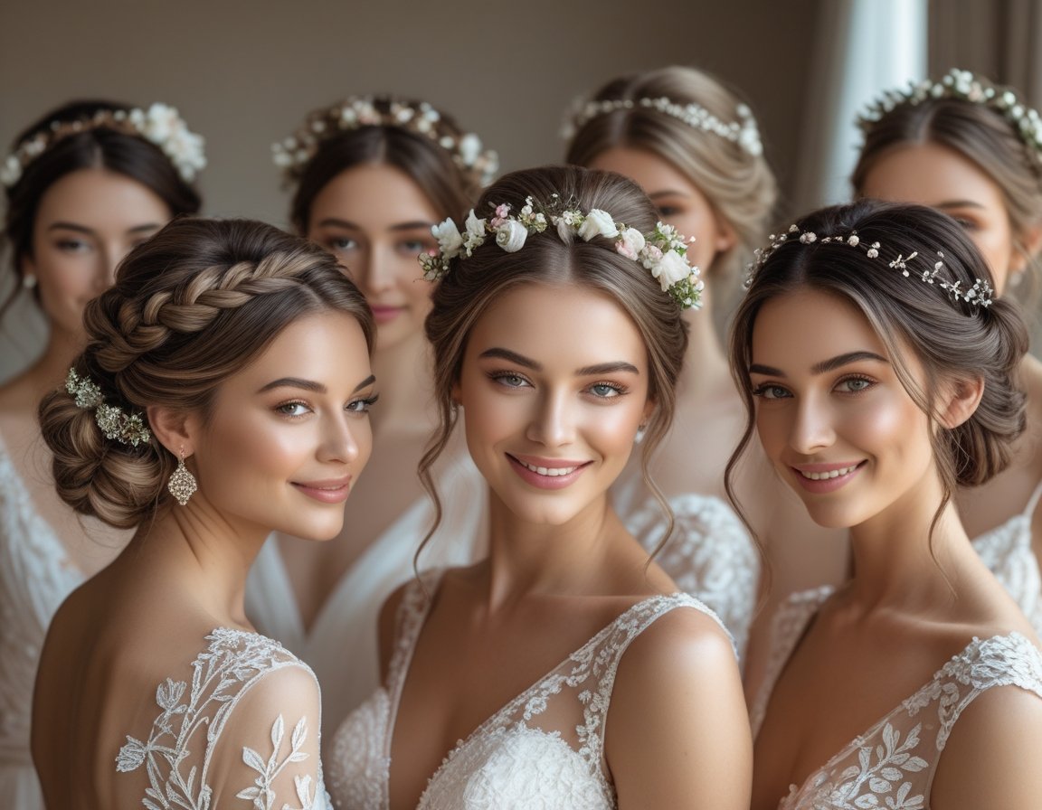 A group of brides with various elegant hairstyles, smiling softly with floral and jeweled hair accessories.