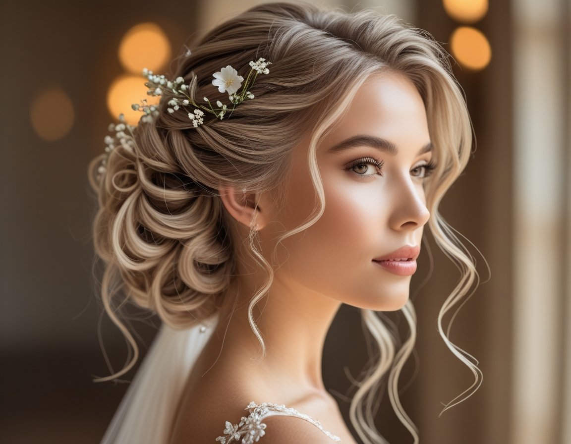 Close-up of a bride with an elegant updo hairstyle adorned with flowers, softly lit against a blurred background.