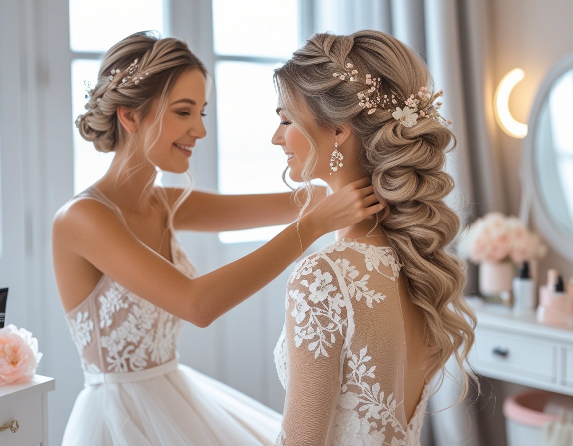 A bride having her hair styled by a professional in a bright room, preparing for her wedding day.