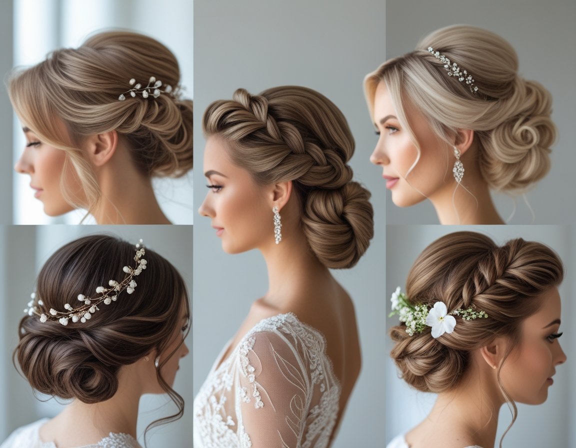 A group of brides with elegant hairstyles posing in a bright, softly lit setting.