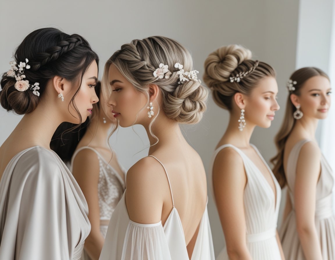 A group of brides with various hairstyles and wedding dresses posed against a neutral background.