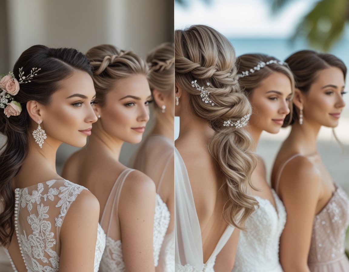 A group of brides with different hairstyles standing in front of blurred wedding venue backgrounds.