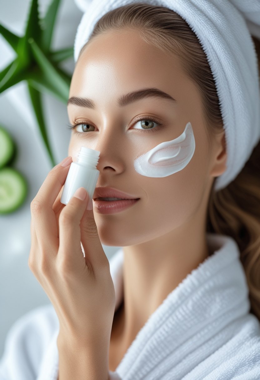 A young woman with clear skin gently applying skincare product to her face, surrounded by natural elements.