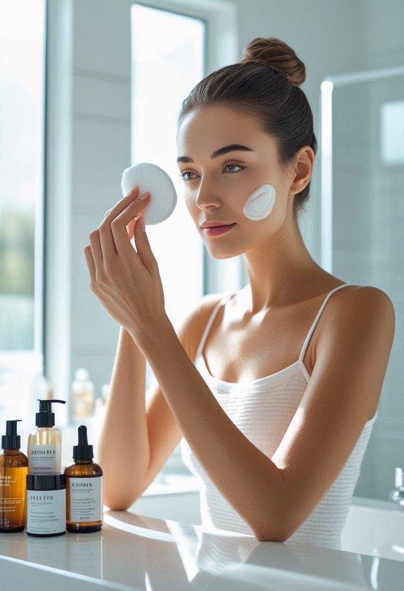 A woman applying skincare product to her face in a bright bathroom with skincare bottles on the counter.