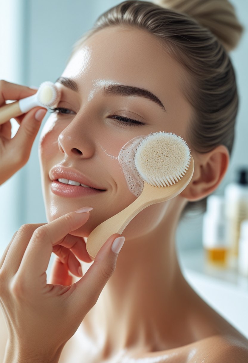 A young woman gently exfoliating her face with a soft scrub, showing clear and smooth skin in a bright bathroom setting.