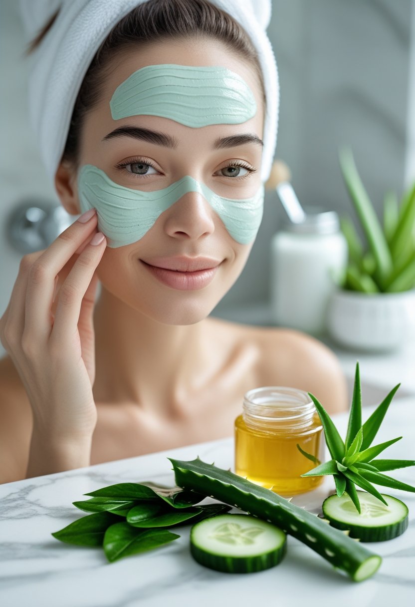 A woman applying a natural skincare remedy to her face with fresh ingredients like cucumber, aloe vera, and honey on a bathroom countertop.