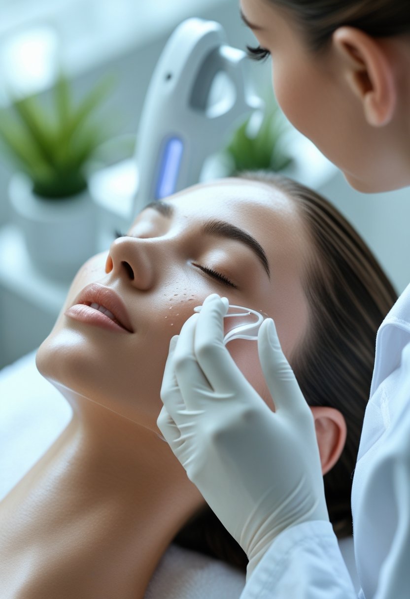 A woman receiving a facial skincare treatment from a specialist in a clean clinic setting.