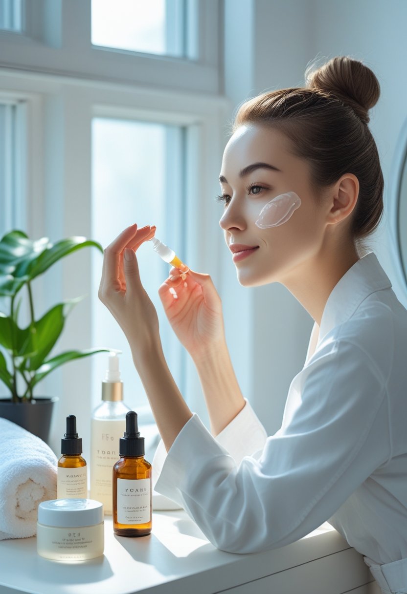 A young woman applying facial serum at a vanity table with skincare products and natural light.