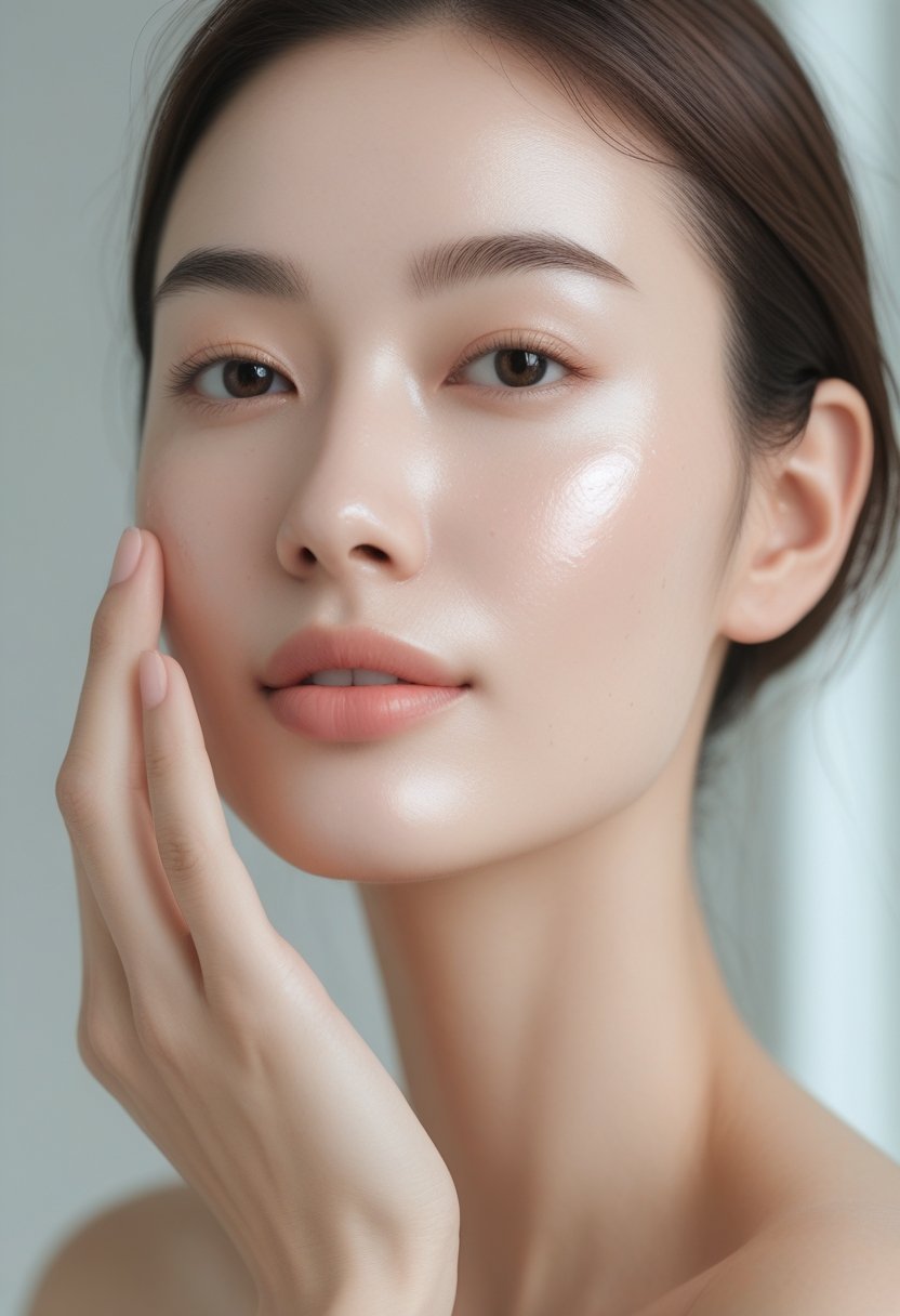 Close-up of a young woman gently touching her cheek, showing clear and smooth skin.