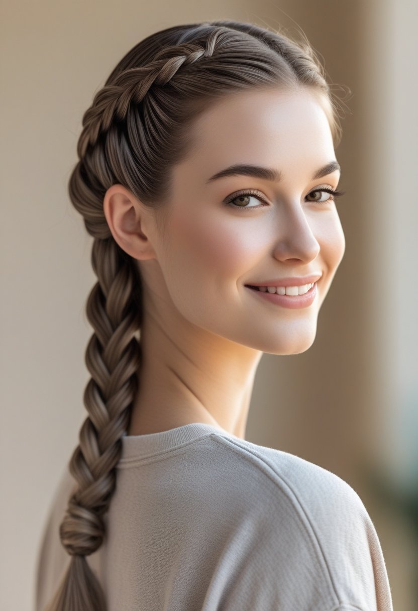 Close-up of a young woman with a simple braid hairstyle smiling against a blurred neutral background.
