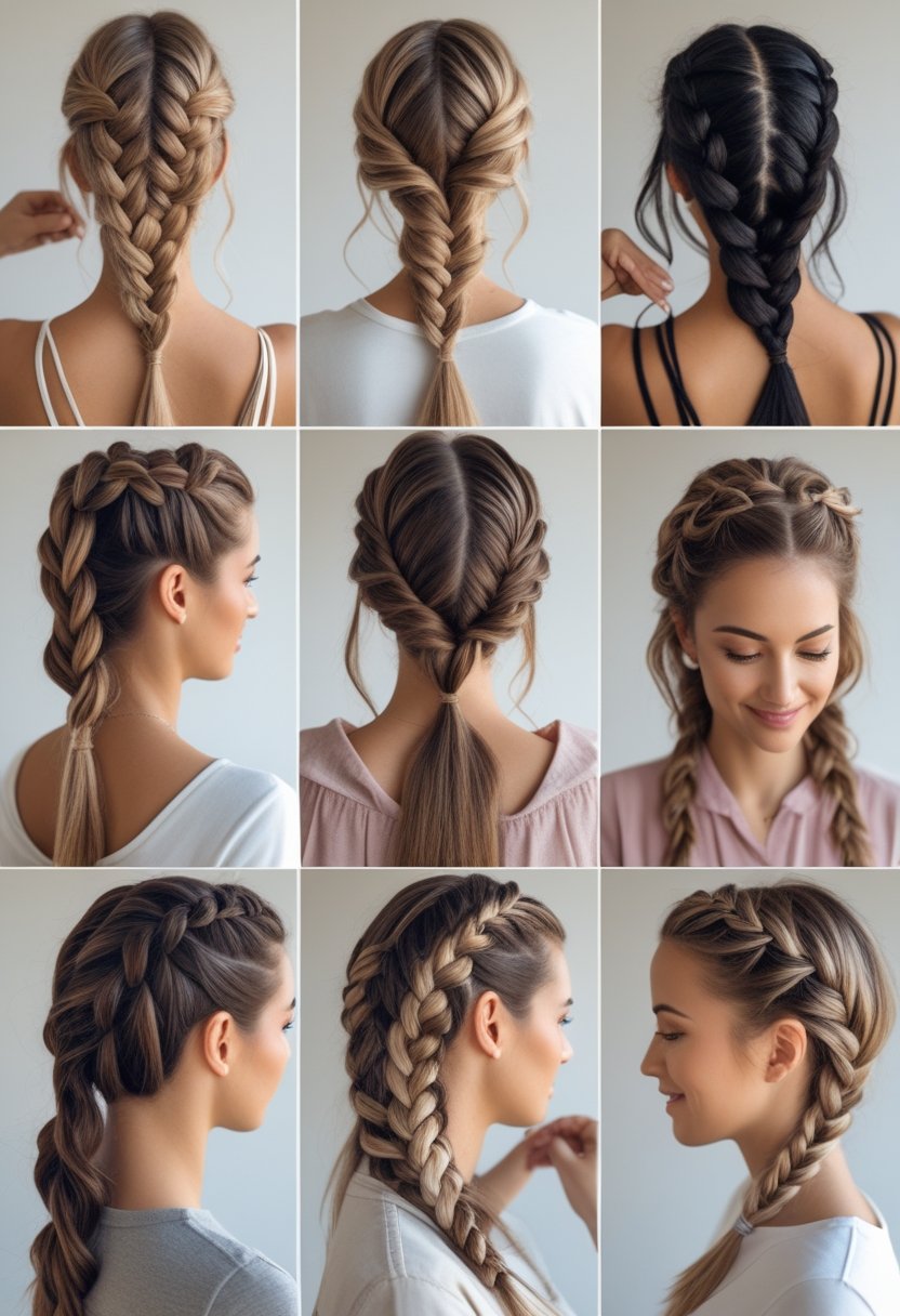 A group of women with different simple braid hairstyles, showing various braid styles on their hair against a plain background.