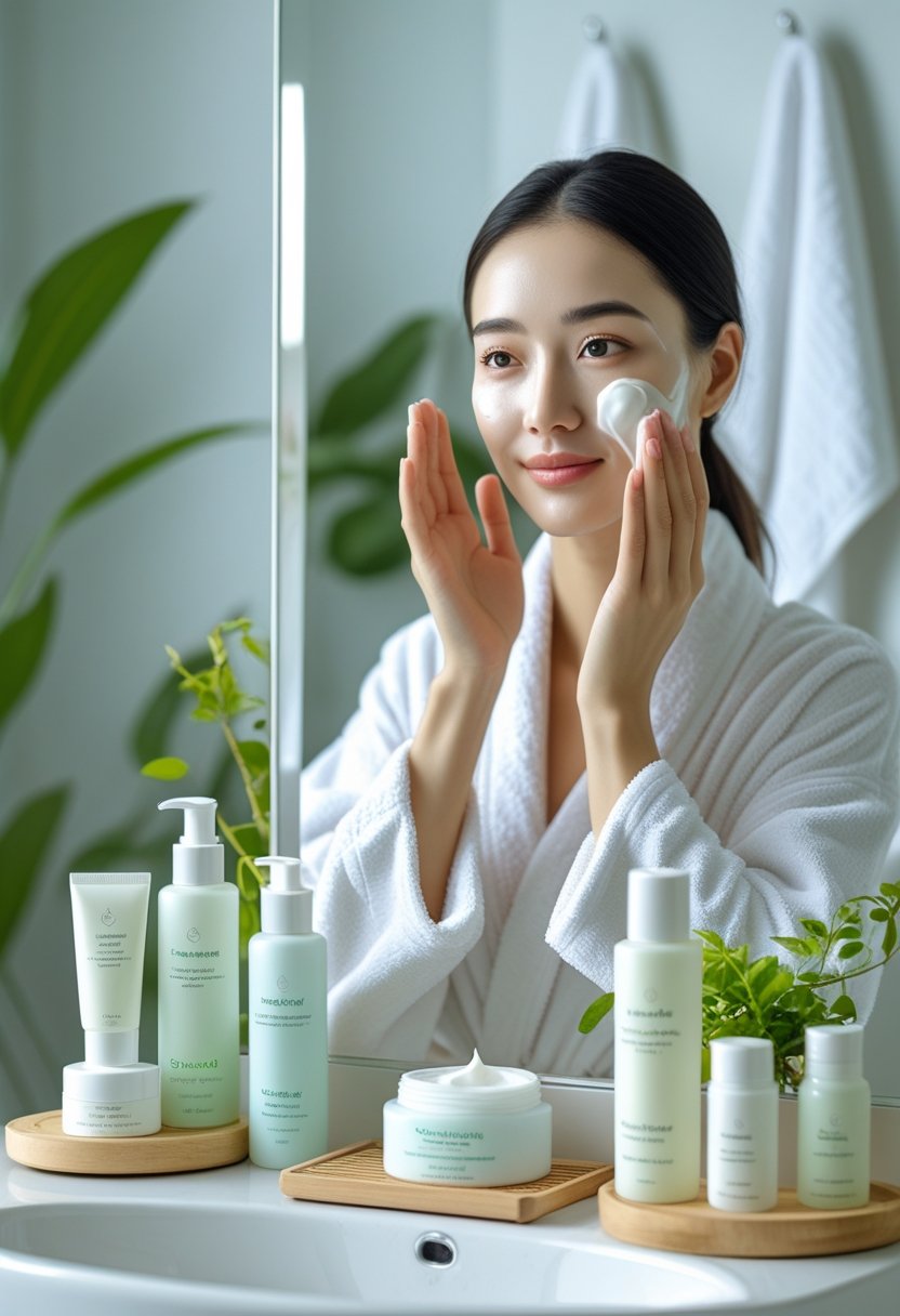 A woman in a white robe applying cream to her face in a bright bathroom with skincare products and plants nearby.