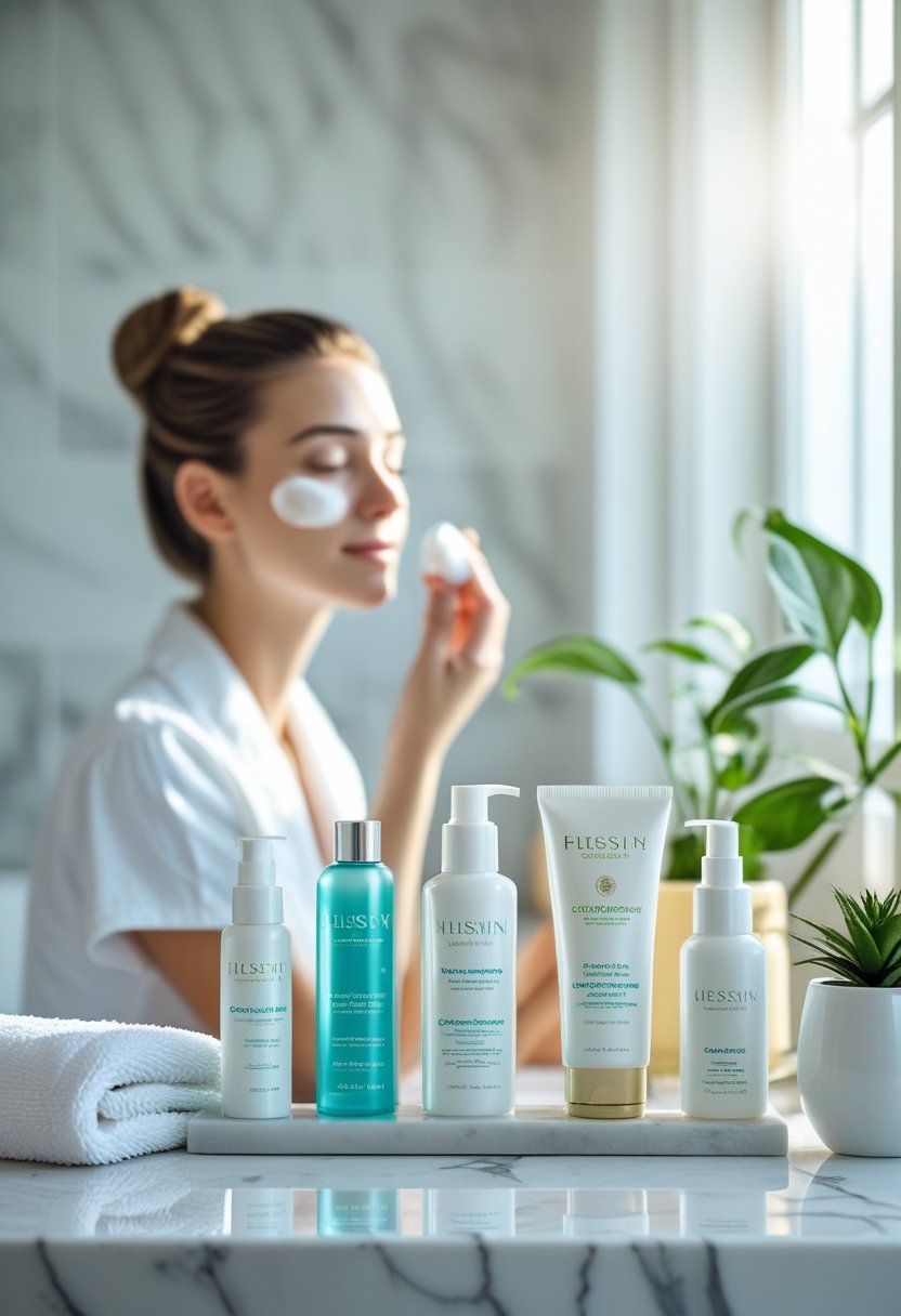 A clean bathroom countertop with gentle skincare products and a person softly applying moisturizer to their face.
