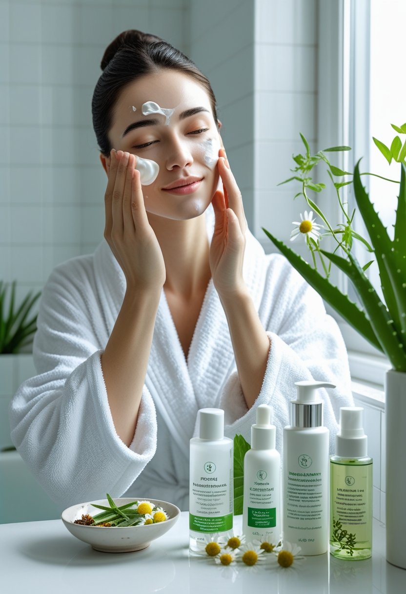A young woman in a white bathrobe gently applying cream to her face in a bright bathroom with skincare products and plants on the counter.