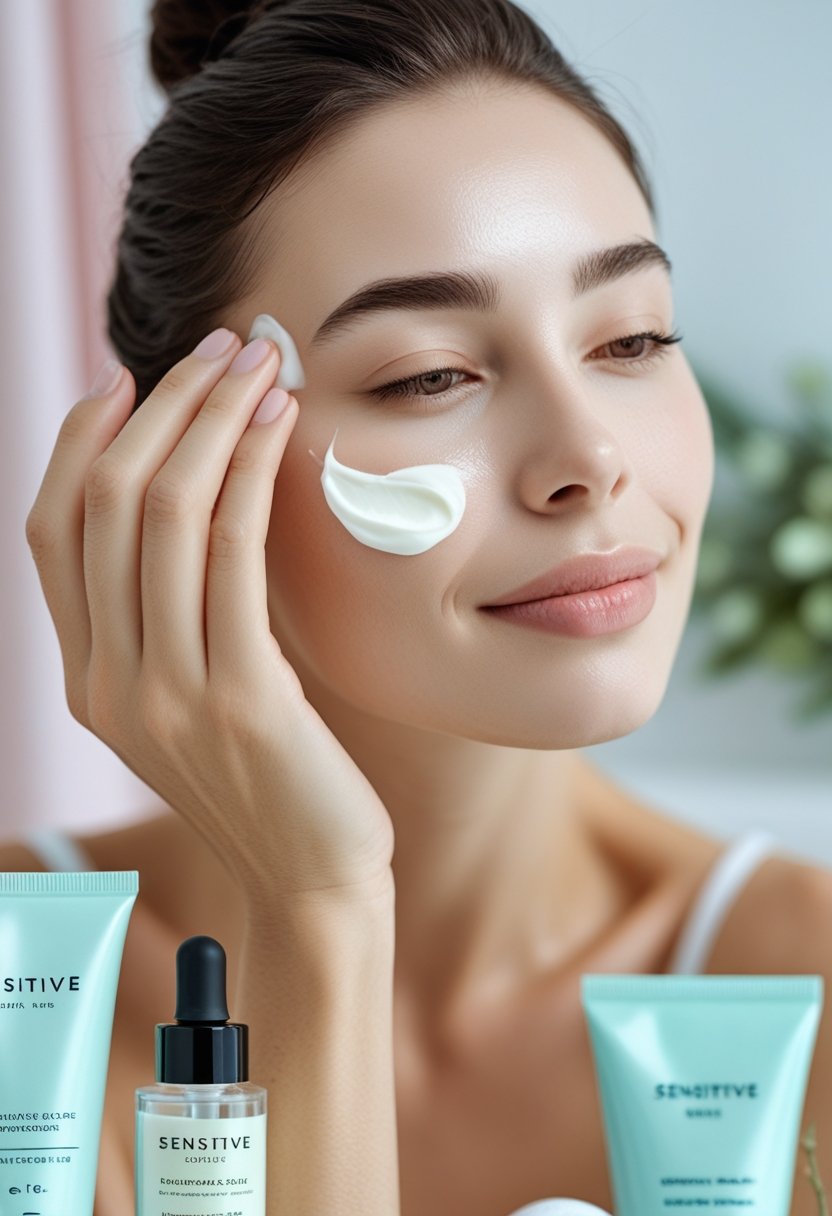 A woman gently applying cream to her face in a bright bathroom surrounded by skincare products.