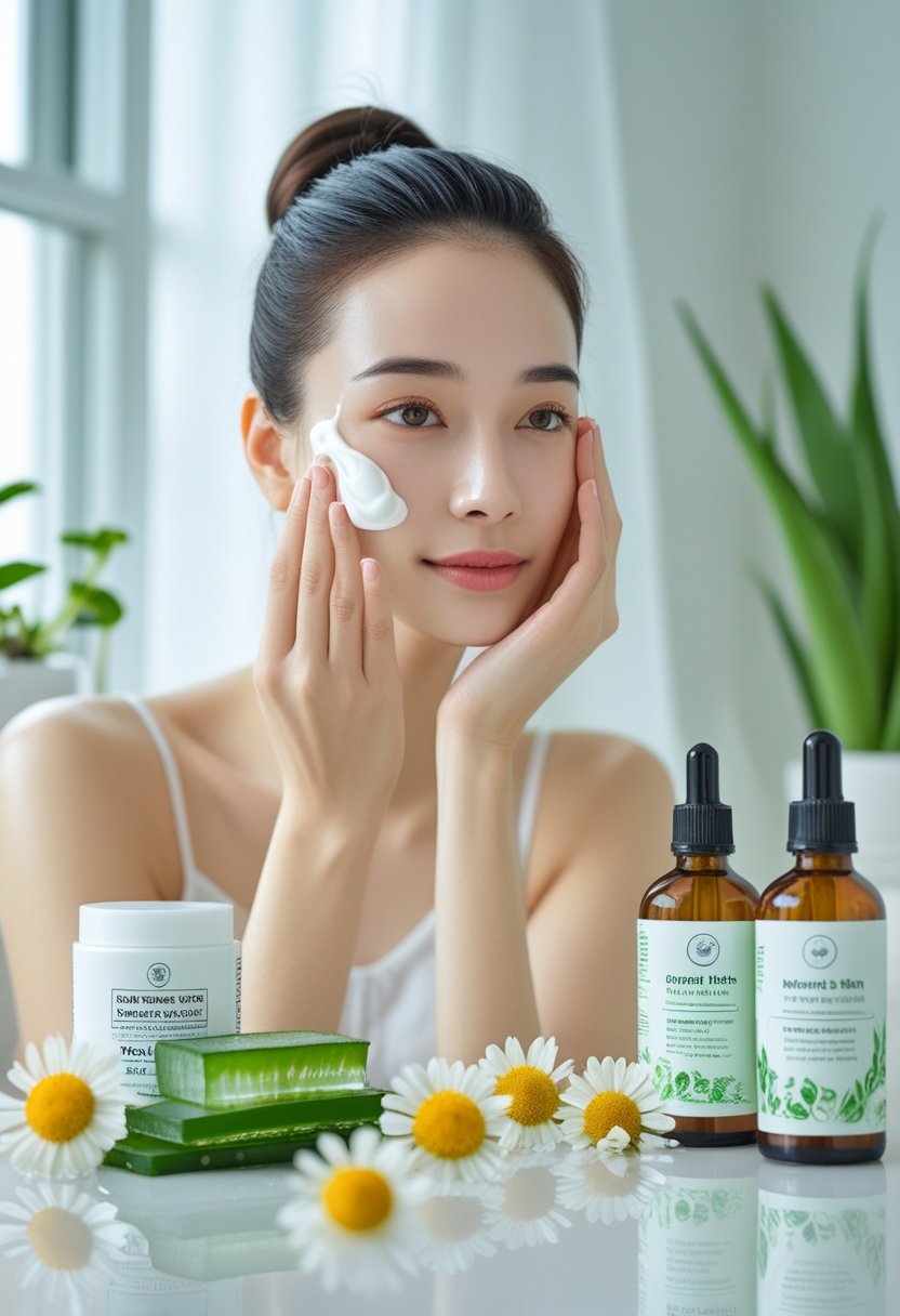 A woman applying cream to her face in a bright bathroom surrounded by natural skincare products and plants.