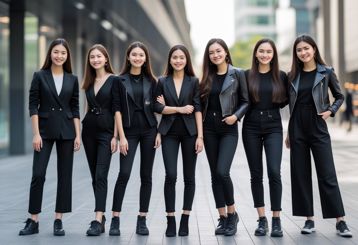 A group of young women wearing different black outfits posing together outdoors in a city setting.