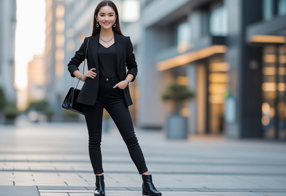 A young woman stands confidently on a city street wearing a black blazer, black jeans, and black boots.