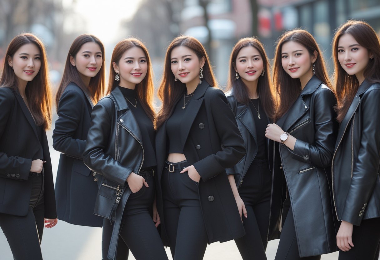 A group of young women wearing black outfits with different outerwear posing together on a city street.