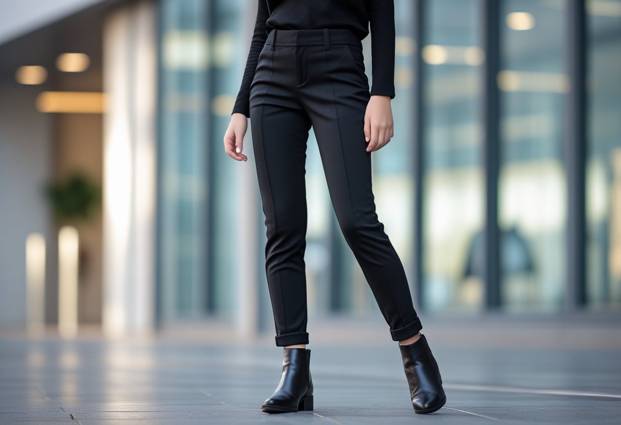 A young woman wearing black tailored trousers and black ankle boots standing outdoors in an urban setting.