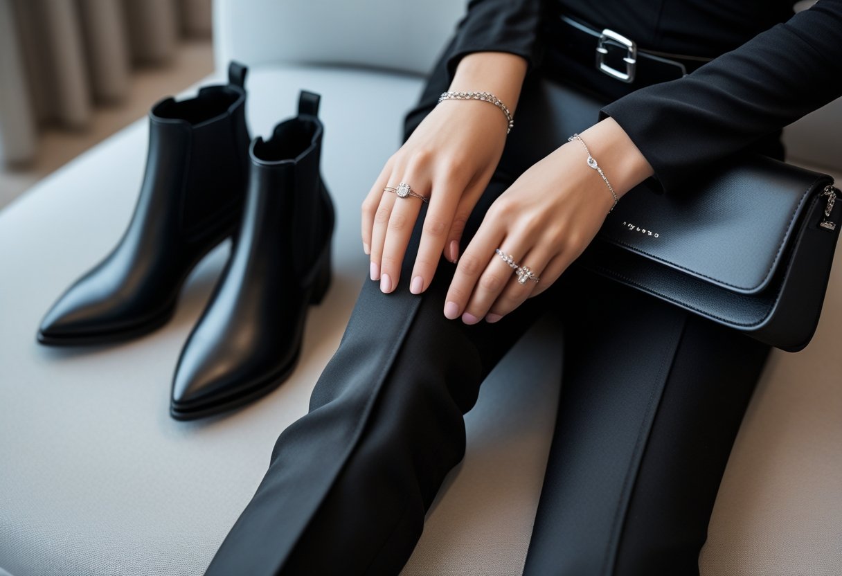 Close-up of a young woman wearing a black outfit with black ankle boots and silver jewelry, adjusting a black handbag strap.