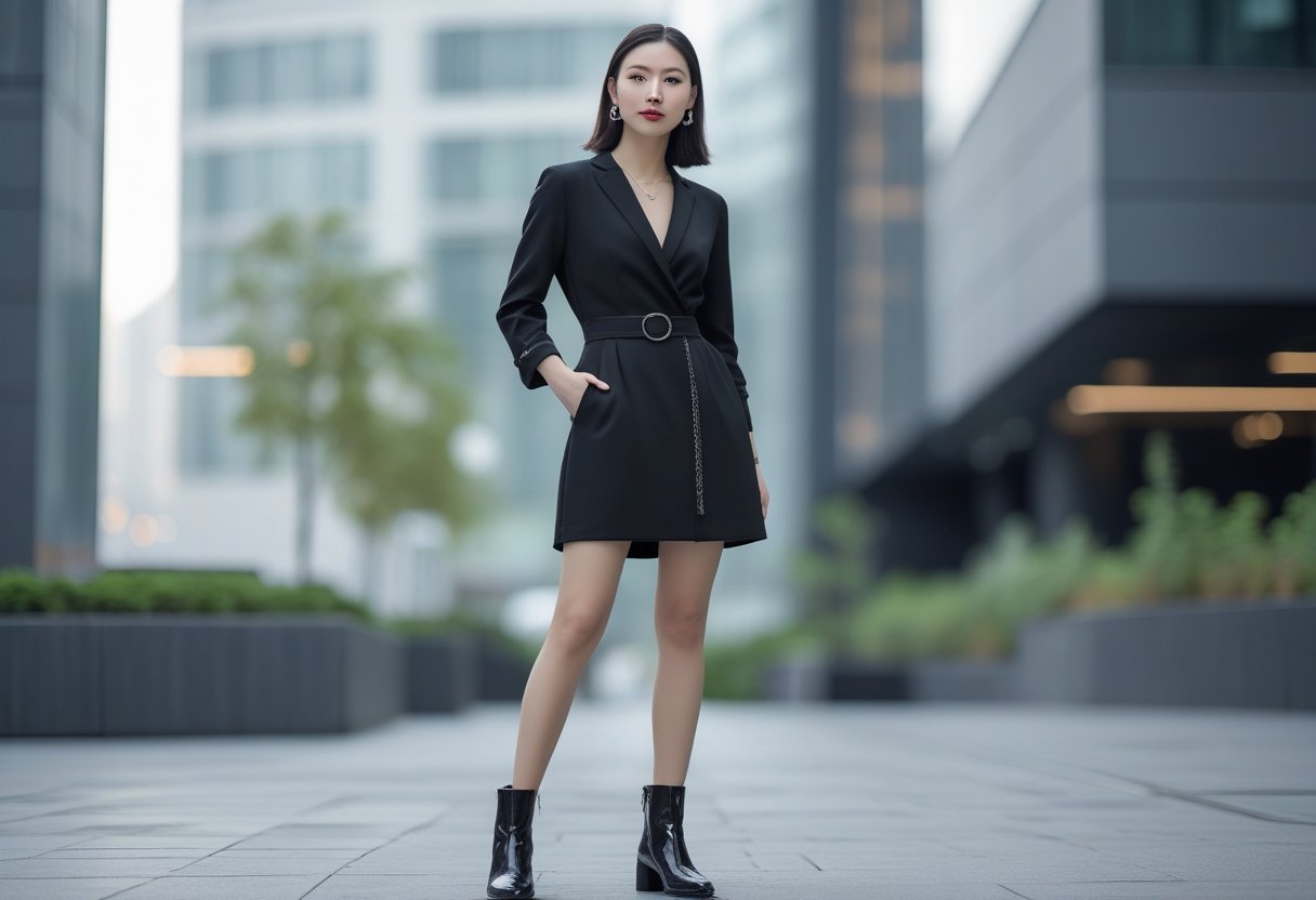A young woman standing outdoors wearing a black dress and black ankle boots in an urban setting.
